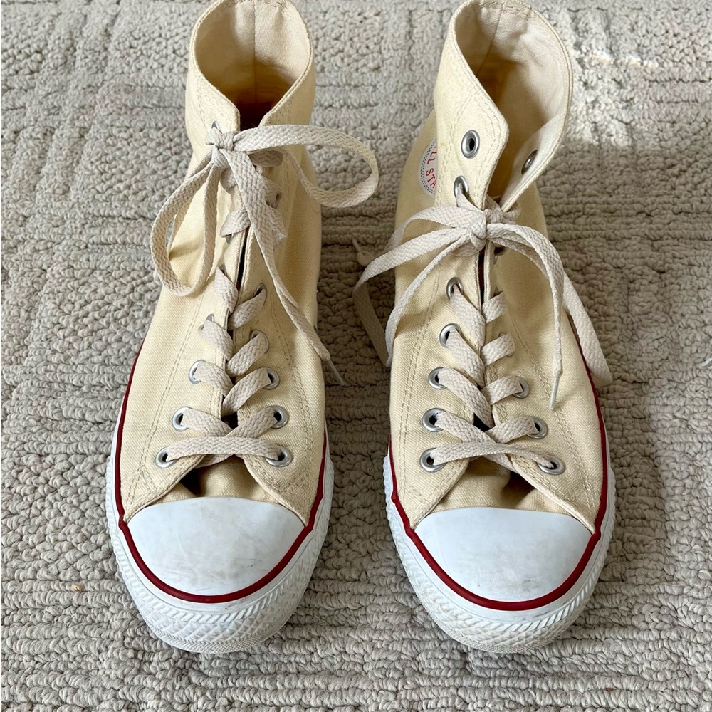 Converse Cream High-Tops with Red and Blue Accents